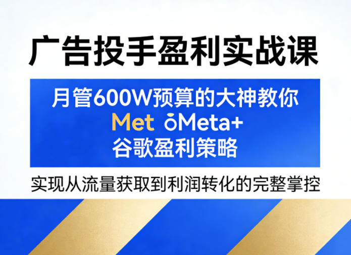 广告投手盈利实战课，月管600W预算的大神教你Meta+谷歌盈利策略，实现从流量获取到利润转化的完整掌控网创-网赚-电商-tk-出海-AI-抖音-快手-小红书-视频号-玩法-创业-小程序-公众号-私域-s粉网创智库
