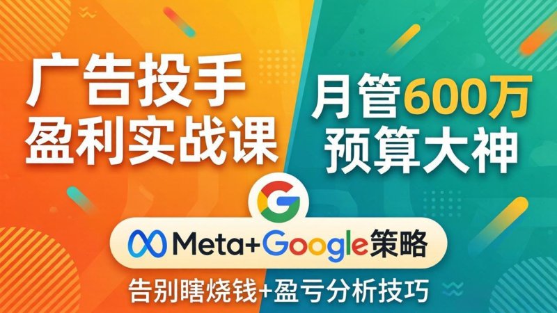 广告投手盈利实战课：月管600万预算大神，带你告别瞎烧钱，Meta+Google策略+盈亏分析网创-网赚-电商-tk-出海-AI-抖音-快手-小红书-视频号-玩法-创业-小程序-公众号-私域-s粉网创智库