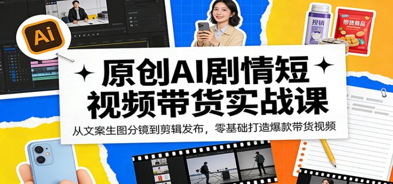 原创AI剧情短视频带货实战课：从文案生图分镜到剪辑发布，零基础打造爆款带货视频网创-网赚-电商-tk-出海-AI-抖音-快手-小红书-视频号-玩法-创业-小程序-公众号-私域-s粉网创智库