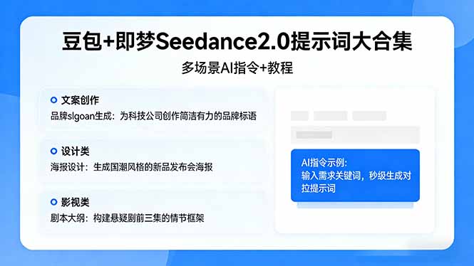 豆包+即梦Seedance2.0提示词大合集：多场景AI指令+教程，解锁文案、设计、影视高效创作网创-网赚-电商-tk-出海-AI-抖音-快手-小红书-视频号-玩法-创业-小程序-公众号-私域-s粉网创智库