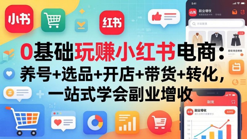 0基础玩赚小红书电商：养号+选品+开店+带货+转化，一站式学会副业增收网创-网赚-电商-tk-出海-AI-抖音-快手-小红书-视频号-玩法-创业-小程序-公众号-私域-s粉网创智库