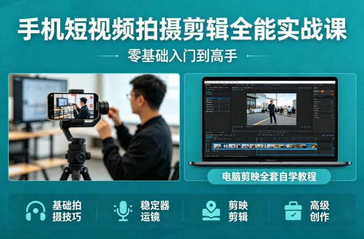 手机短视频拍摄剪辑全能实战课：零基础入门到高手，稳定器运镜+电脑剪映全套自学教程 - 网创智库网创-网赚-电商-tk-出海-AI-抖音-快手-小红书-视频号-玩法-创业-小程序-公众号-私域-s粉网创智库