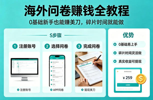 海外问卷賺钱全教程,0基础新手也能賺美刀,碎片时间就能做网创-网赚-电商-tk-出海-AI-抖音-快手-小红书-视频号-玩法-创业-小程序-公众号-私域-s粉网创智库