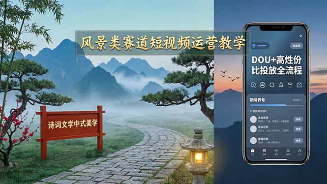 风景类赛道短视频运营教学：诗词文学中式美学，新号养号对标账号定位，DOU+高性价比投放全流程网创-网赚-电商-tk-出海-AI-抖音-快手-小红书-视频号-玩法-创业-小程序-公众号-私域-s粉网创智库