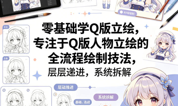零基础学Q版立绘，专注于Q版人物立绘的全流程绘制技法，层层递进，系统拆解网创-网赚-电商-tk-出海-AI-抖音-快手-小红书-视频号-玩法-创业-小程序-公众号-私域-s粉网创智库