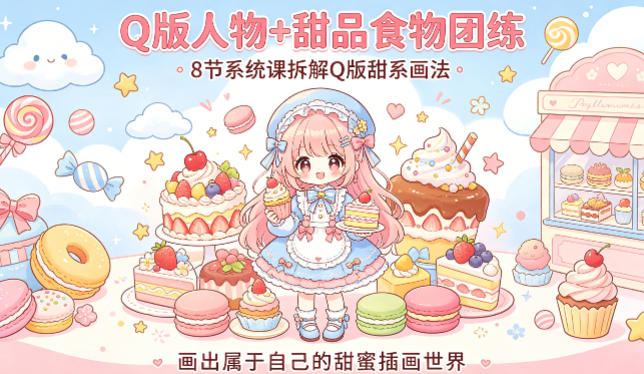 Q版人物+甜品食物团练，8节系统课拆解Q版甜系画法，画出属于自己的甜蜜插画世界网创-网赚-电商-tk-出海-AI-抖音-快手-小红书-视频号-玩法-创业-小程序-公众号-私域-s粉网创智库
