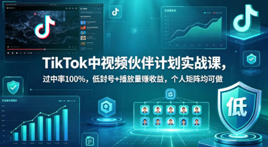 TikTok中视频伙伴计划实战课，过中率100%，低封号+播放量賺收益，个人矩阵均可做网创-网赚-电商-tk-出海-AI-抖音-快手-小红书-视频号-玩法-创业-小程序-公众号-私域-s粉网创智库