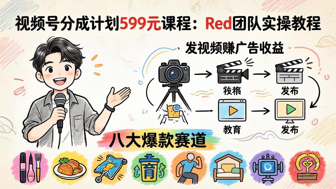 视频号分成计划599元课程：Red团队实操教程，发视频赚广告收益，八大爆款赛道全掌握 - 网创智库网创-网赚-电商-tk-出海-AI-抖音-快手-小红书-视频号-玩法-创业-小程序-公众号-私域-s粉网创智库