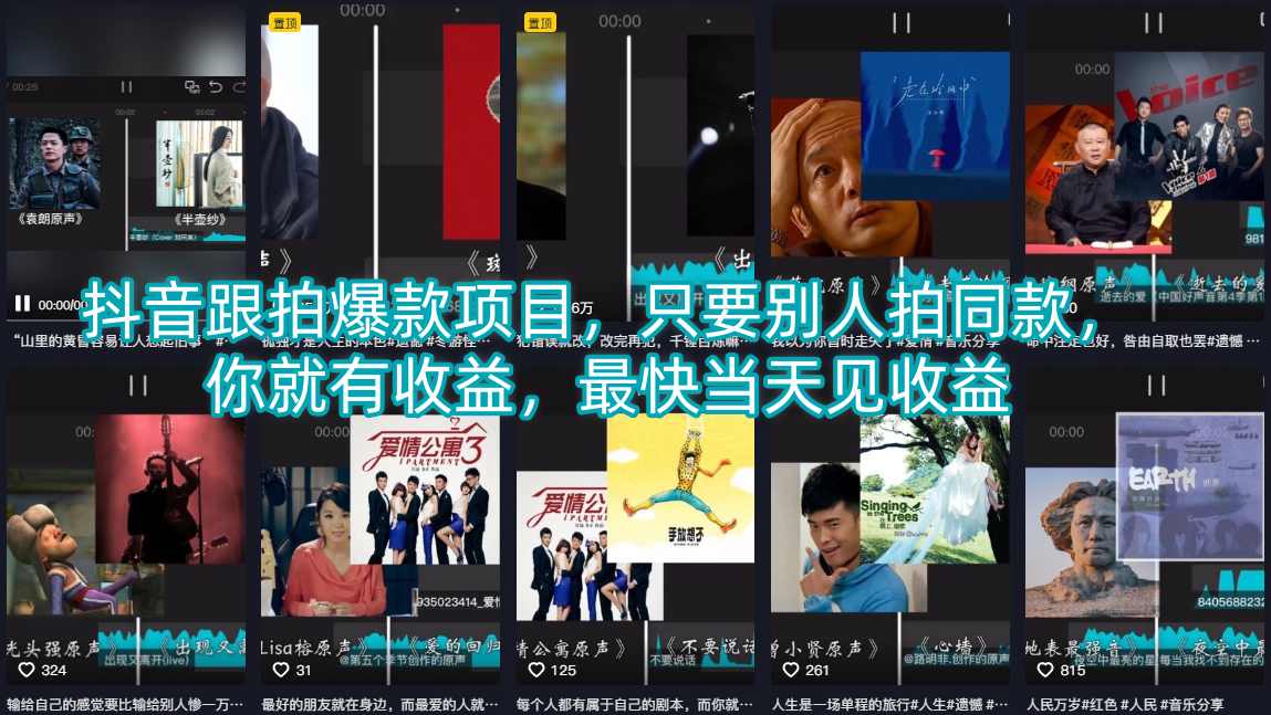 抖音跟拍爆款项目，只要别人拍同款，你就有收益，最快当天见收益 - 网创智库网创-网赚-电商-tk-出海-AI-抖音-快手-小红书-视频号-玩法-创业-小程序-公众号-私域-s粉网创智库