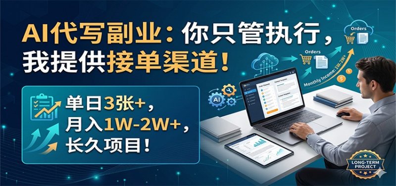 AI代写副业：你只管执行，我提供接单渠道！单日3张+，月入1W-2W+，长久项目网创-网赚-电商-tk-出海-AI-抖音-快手-小红书-视频号-玩法-创业-小程序-公众号-私域-s粉网创智库