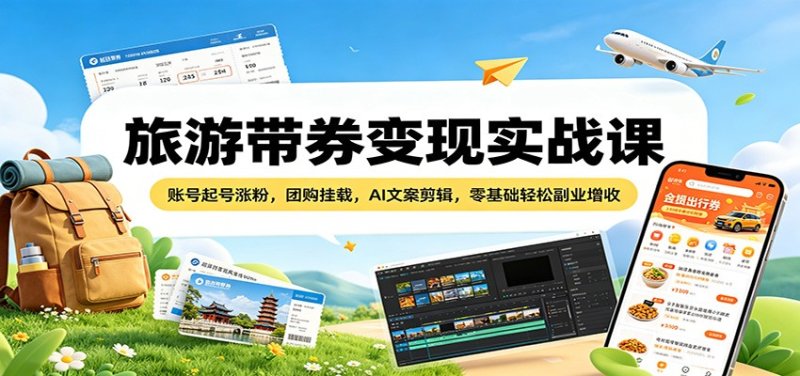 旅游带券变现实战课：账号起号涨粉，团购挂载，AI文案剪辑，零基础轻松副业增收网创-网赚-电商-tk-出海-AI-抖音-快手-小红书-视频号-玩法-创业-小程序-公众号-私域-s粉网创智库