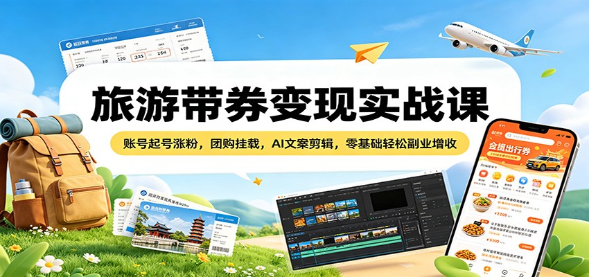 旅游带券变现实战课：账号起号涨粉，团购挂载，AI文案剪辑，零基础轻松副业增收 - 网创智库网创-网赚-电商-tk-出海-AI-抖音-快手-小红书-视频号-玩法-创业-小程序-公众号-私域-s粉网创智库