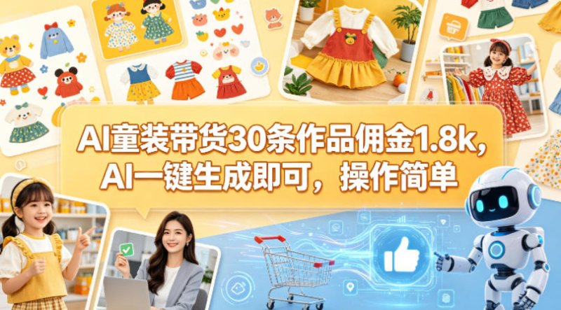 AI童装带货30条作品佣金1.8k，AI一键生成即可，操作简单网创-网赚-电商-tk-出海-AI-抖音-快手-小红书-视频号-玩法-创业-小程序-公众号-私域-s粉网创智库