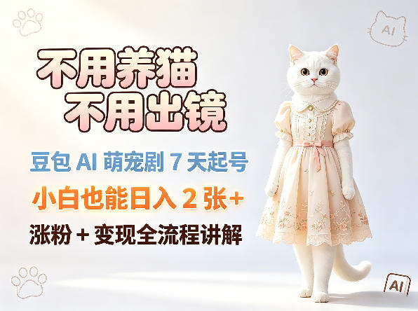 不用养猫不用出镜，豆包AI萌宠剧7天起号，小白也能日入2张+，涨粉+变现全流程讲解网创-网赚-电商-tk-出海-AI-抖音-快手-小红书-视频号-玩法-创业-小程序-公众号-私域-s粉网创智库