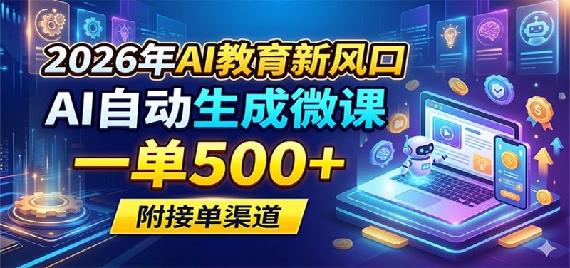 2026年AI教育新风口，AI自动生成微课，一单500+，附接单渠道网创-网赚-电商-tk-出海-AI-抖音-快手-小红书-视频号-玩法-创业-小程序-公众号-私域-s粉网创智库