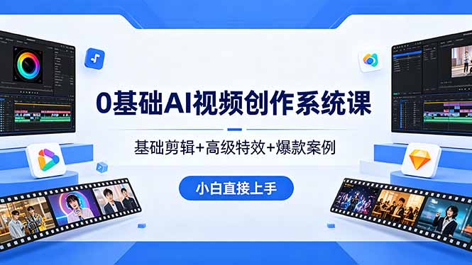 0基础AI视频创作系统课，基础剪辑+高级特效+爆款案例，小白直接上手网创-网赚-电商-tk-出海-AI-抖音-快手-小红书-视频号-玩法-创业-小程序-公众号-私域-s粉网创智库