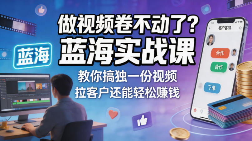 做视频卷不动了？蓝海实战课教你搞独一份视频，拉客户还能轻松賺钱！【原创双语字幕】 - 网创智库网创-网赚-电商-tk-出海-AI-抖音-快手-小红书-视频号-玩法-创业-小程序-公众号-私域-s粉网创智库