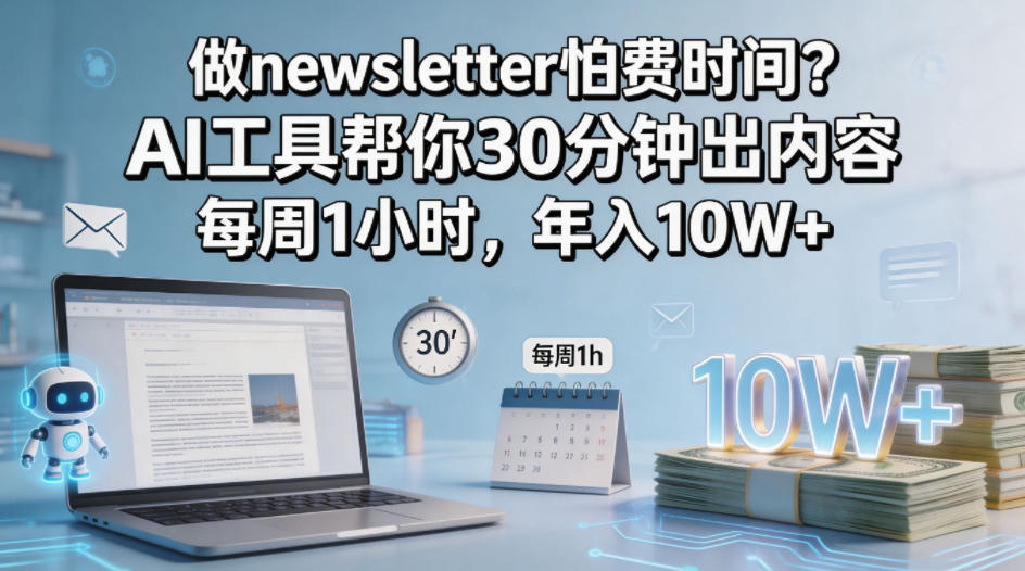 做newsletter怕费时间？AI工具帮你30分钟出内容，每周1小时，年入10W+！【原创双语字幕】 - 网创智库网创-网赚-电商-tk-出海-AI-抖音-快手-小红书-视频号-玩法-创业-小程序-公众号-私域-s粉网创智库