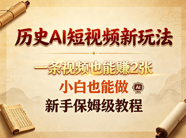 历史AI短视频新玩法，一条视频也能賺2张，小白也能做，新手保姆级教程网创-网赚-电商-tk-出海-AI-抖音-快手-小红书-视频号-玩法-创业-小程序-公众号-私域-s粉网创智库