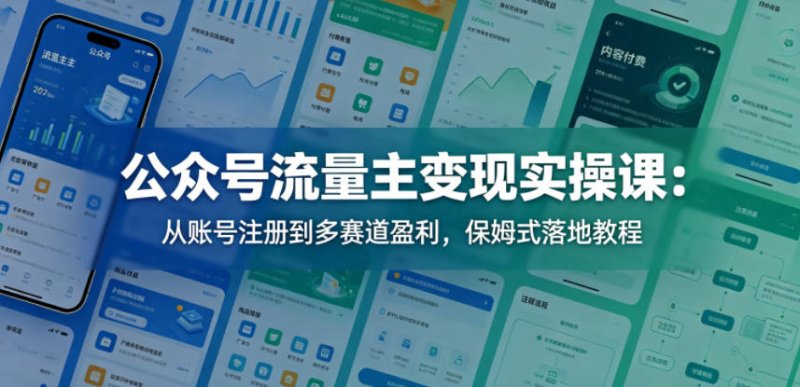 公众号流量主变现实操课：从账号注册到多赛道盈利，保姆式落地教程网创-网赚-电商-tk-出海-AI-抖音-快手-小红书-视频号-玩法-创业-小程序-公众号-私域-s粉网创智库