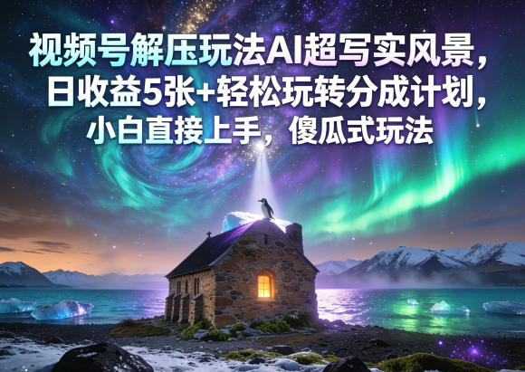 视频号解压玩法AI超写实风景，日收益5张+轻松玩转分成计划，小白直接上手，傻瓜式玩法网创-网赚-电商-tk-出海-AI-抖音-快手-小红书-视频号-玩法-创业-小程序-公众号-私域-s粉网创智库