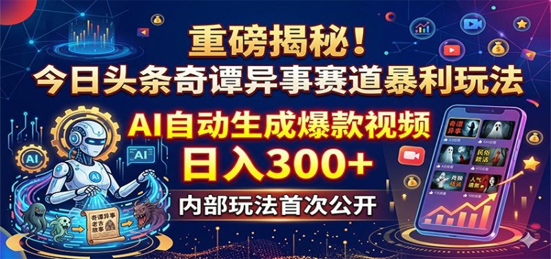 重磅揭秘！今日头条奇谭异事赛道暴利玩法：AI自动生成爆款视频，日入300+网创-网赚-电商-tk-出海-AI-抖音-快手-小红书-视频号-玩法-创业-小程序-公众号-私域-s粉网创智库