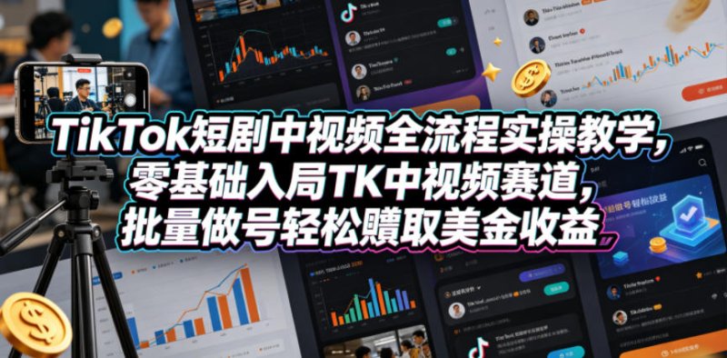 TikTok短剧中视频全流程实操教学，零基础入局TK中视频赛道，批量做号轻松賺取美金收益网创-网赚-电商-tk-出海-AI-抖音-快手-小红书-视频号-玩法-创业-小程序-公众号-私域-s粉网创智库