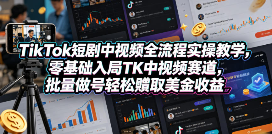 TikTok短剧中视频全流程实操教学，零基础入局TK中视频赛道，批量做号轻松賺取美金收益 - 网创智库网创-网赚-电商-tk-出海-AI-抖音-快手-小红书-视频号-玩法-创业-小程序-公众号-私域-s粉网创智库