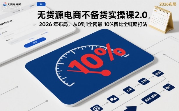 无货源电商不备货实操课2.0，2026年布局，从0到1全网最低10%费比全链路打法【更新26年5月】网创-网赚-电商-tk-出海-AI-抖音-快手-小红书-视频号-玩法-创业-小程序-公众号-私域-s粉网创智库