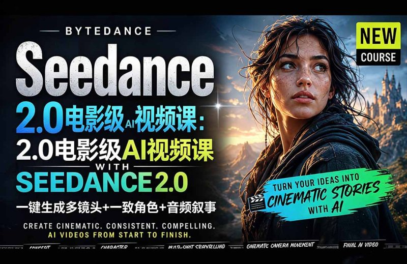 Seedance 2.0电影级AI视频课：一键生成多镜头+一致角色+音频叙事网创-网赚-电商-tk-出海-AI-抖音-快手-小红书-视频号-玩法-创业-小程序-公众号-私域-s粉网创智库