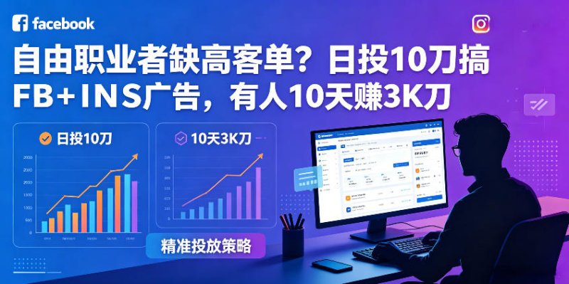自由职业者缺高客单？日投10刀搞FB+INS广告，有人10天赚3K刀！【原创双语字幕】网创-网赚-电商-tk-出海-AI-抖音-快手-小红书-视频号-玩法-创业-小程序-公众号-私域-s粉网创智库