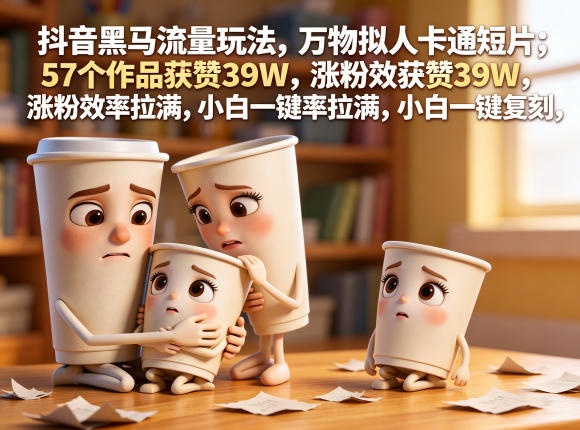 抖音黑马流量玩法，万物拟人卡通短片，57个作品获赞39W，涨粉效率拉满，小白一键复刻，保姆级拆解网创-网赚-电商-tk-出海-AI-抖音-快手-小红书-视频号-玩法-创业-小程序-公众号-私域-s粉网创智库