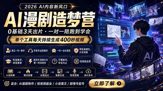 AI漫剧造梦营：0基础3天出片，单个工具每天持续生成400秒视频网创-网赚-电商-tk-出海-AI-抖音-快手-小红书-视频号-玩法-创业-小程序-公众号-私域-s粉网创智库
