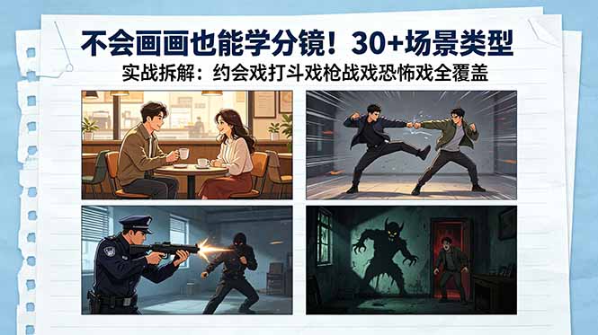 不会画画也能学分镜！30+场景类型实战拆解：约会戏打斗戏枪战戏恐怖戏全覆盖网创-网赚-电商-tk-出海-AI-抖音-快手-小红书-视频号-玩法-创业-小程序-公众号-私域-s粉网创智库