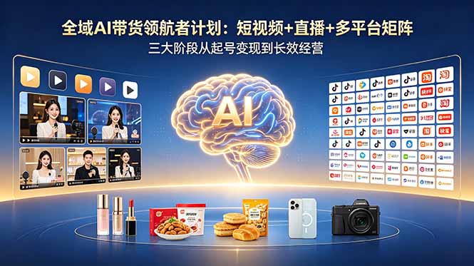 全域AI带货领航者计划：短视频+直播+多平台矩阵，三大阶段从起号变现到长效经营网创-网赚-电商-tk-出海-AI-抖音-快手-小红书-视频号-玩法-创业-小程序-公众号-私域-s粉网创智库