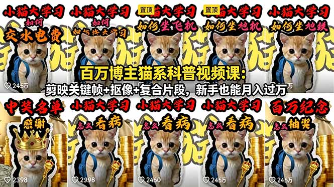 百万博主猫系科普视频课：剪映关键帧+抠像+复合片段，新手也能月入过万网创-网赚-电商-tk-出海-AI-抖音-快手-小红书-视频号-玩法-创业-小程序-公众号-私域-s粉网创智库