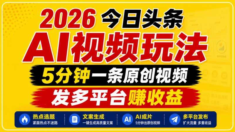 2026今日头条AI视频玩法，5分钟一条原创视频，发多平台赚收益网创-网赚-电商-tk-出海-AI-抖音-快手-小红书-视频号-玩法-创业-小程序-公众号-私域-s粉网创智库