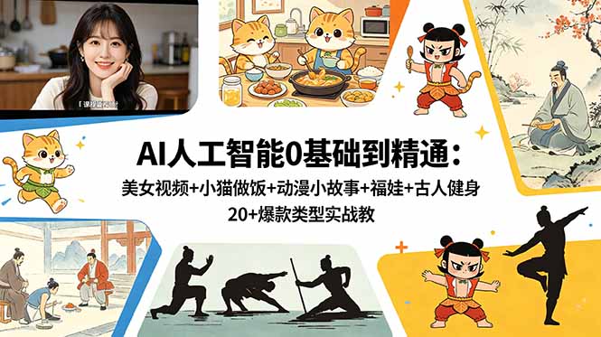 AI人工智能0基础到精通：美女视频+小猫做饭+动漫小故事+福娃+古人健身，20+爆款类型实战教学 - 网创智库网创-网赚-电商-tk-出海-AI-抖音-快手-小红书-视频号-玩法-创业-小程序-公众号-私域-s粉网创智库