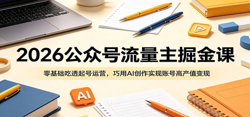 2026公众号流量主掘金课:零基础吃透起号运营,巧用AI创作实现账号高产值变现网创-网赚-电商-tk-出海-AI-抖音-快手-小红书-视频号-玩法-创业-小程序-公众号-私域-s粉网创智库