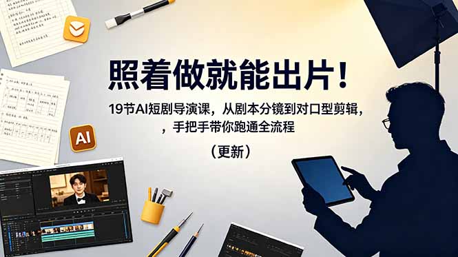 照着做就能出片！19节AI短剧导演课，从剧本分镜到对口型剪辑，手把手带你跑通全流程(更新网创-网赚-电商-tk-出海-AI-抖音-快手-小红书-视频号-玩法-创业-小程序-公众号-私域-s粉网创智库
