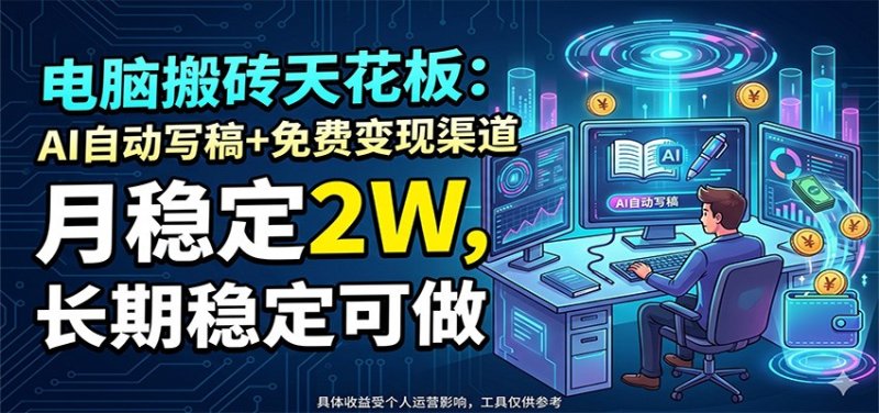 电脑搬砖天花板：AI自动写稿+免费变现渠道，月稳定2W，长期稳定可做网创-网赚-电商-tk-出海-AI-抖音-快手-小红书-视频号-玩法-创业-小程序-公众号-私域-s粉网创智库