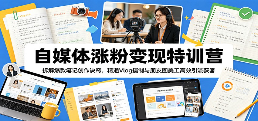 自媒体涨粉变现特训营：拆解爆款笔记创作诀窍，精通Vlog摄制与朋友圈美工高效引流获客 - 网创智库网创-网赚-电商-tk-出海-AI-抖音-快手-小红书-视频号-玩法-创业-小程序-公众号-私域-s粉网创智库