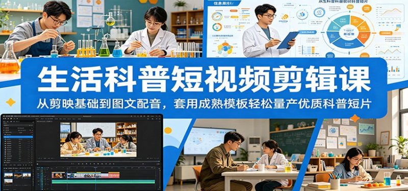 生活科普短视频剪辑课：从剪映基础到图文配音，套用成熟模板轻松量产优质科普短片网创-网赚-电商-tk-出海-AI-抖音-快手-小红书-视频号-玩法-创业-小程序-公众号-私域-s粉网创智库