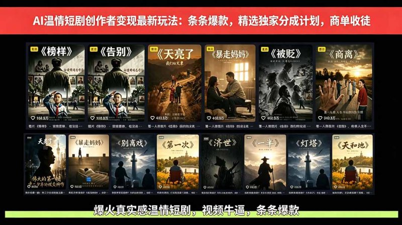 AI温情短剧创作者变现最新玩法：视频牛逼，条条爆款，精选独家分成计划，商单收徒网创-网赚-电商-tk-出海-AI-抖音-快手-小红书-视频号-玩法-创业-小程序-公众号-私域-s粉网创智库