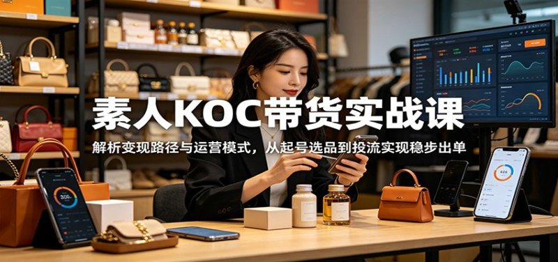 素人KOC带货实战课：解析变现路径与运营模式，从起号选品到投流实现稳步出单网创-网赚-电商-tk-出海-AI-抖音-快手-小红书-视频号-玩法-创业-小程序-公众号-私域-s粉网创智库