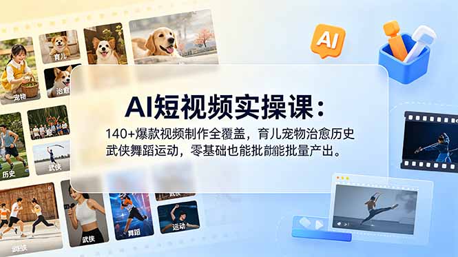 AI短视频实操课：140+爆款视频制作全覆盖，育儿宠物治愈历史武侠舞蹈运动，零基础也能批量产出网创-网赚-电商-tk-出海-AI-抖音-快手-小红书-视频号-玩法-创业-小程序-公众号-私域-s粉网创智库