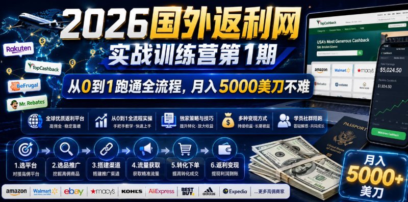 2026年国外返利网实战训练营第1期,从0到1跑通全流程,月入5000美刀不难网创-网赚-电商-tk-出海-AI-抖音-快手-小红书-视频号-玩法-创业-小程序-公众号-私域-s粉网创智库