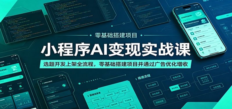 小程序AI变现实战课：选题开发上架全流程，零基础搭建项目并通过广告优化增收网创-网赚-电商-tk-出海-AI-抖音-快手-小红书-视频号-玩法-创业-小程序-公众号-私域-s粉网创智库