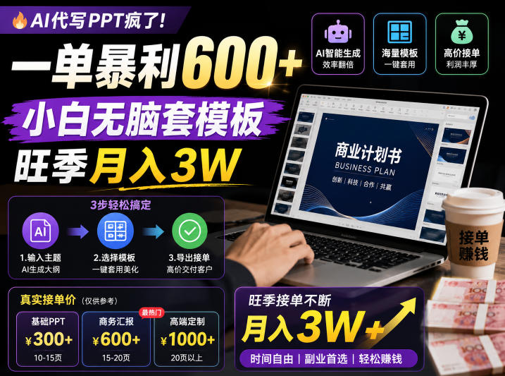 AI代写PPT疯了！一单暴利600+，小白无脑套模板，旺季月入3W，不用苦哈哈引流【揭秘】网创-网赚-电商-tk-出海-AI-抖音-快手-小红书-视频号-玩法-创业-小程序-公众号-私域-s粉网创智库