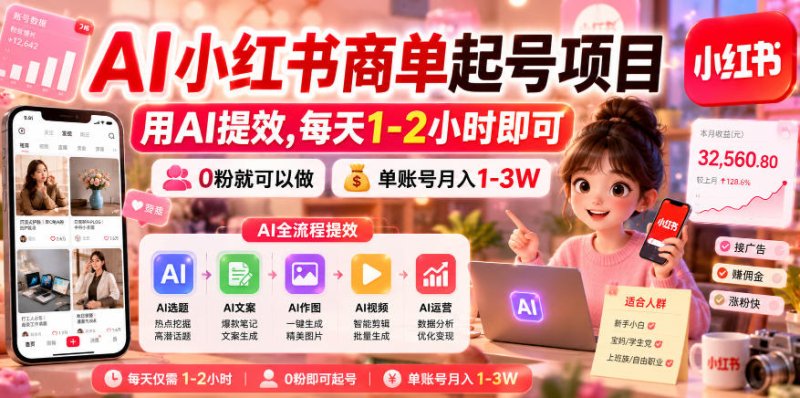 AI小红书商单起号项目，用AI提效,每天1-2小时即可，0粉就可以做，单账号月入1-3W网创-网赚-电商-tk-出海-AI-抖音-快手-小红书-视频号-玩法-创业-小程序-公众号-私域-s粉网创智库